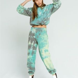 BDG Green Tie Dye Bubble Hem Sweatshirt & Jogger Sweatpants Lounge Set XS